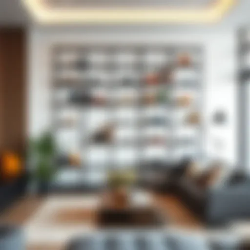 Stylish wire shelving in a modern living room