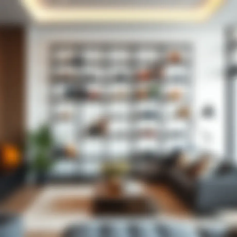 Stylish wire shelving in a modern living room