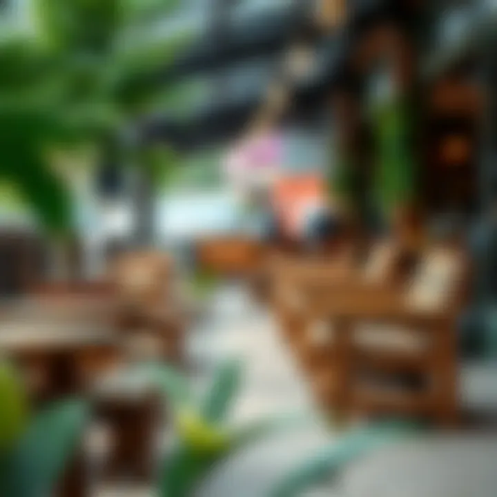 An artistic arrangement of wooden benches in an outdoor cafe