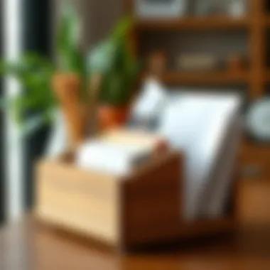 Organized wooden mail holder with assorted letters and envelopes