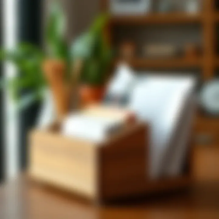 Organized wooden mail holder with assorted letters and envelopes