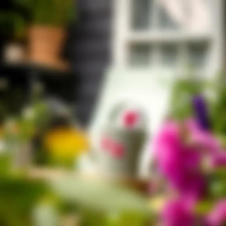 Functional floral watering can in a garden setting