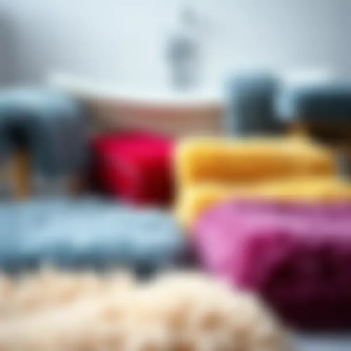 Colorful fluffy bath rugs showcasing various patterns and designs