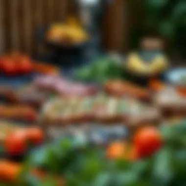 An array of gourmet meats and vegetables marinated and ready for grilling.