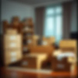 A well-organized packing setup with boxes and labels