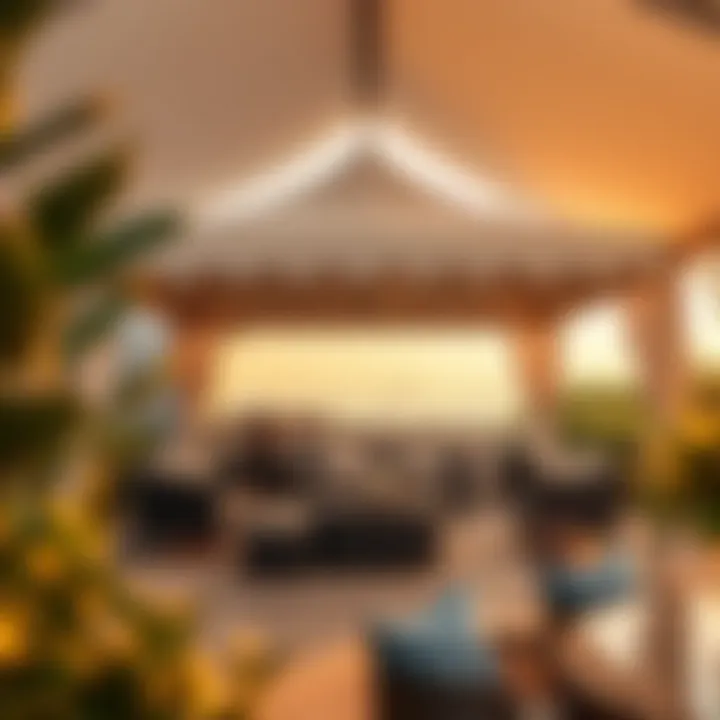 A beautifully designed tent providing shade over a chic patio area