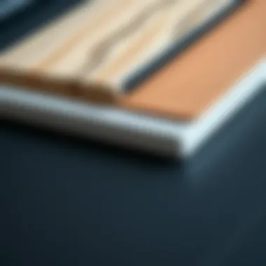 Close-up of different materials used in long sturdy desks