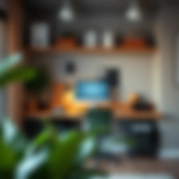 Organized workspace featuring functional shelving