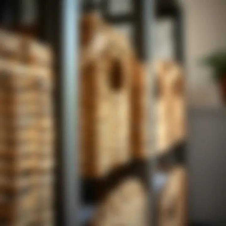 Close-up of woven baskets in a slim storage tower, highlighting texture and design