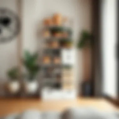 Organized slim storage tower showcasing various decorative items and plants