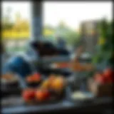 A beautifully arranged outdoor barbecue setup featuring various grilling tools and ingredients.