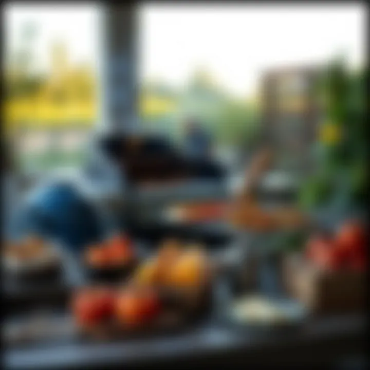 A beautifully arranged outdoor barbecue setup featuring various grilling tools and ingredients.