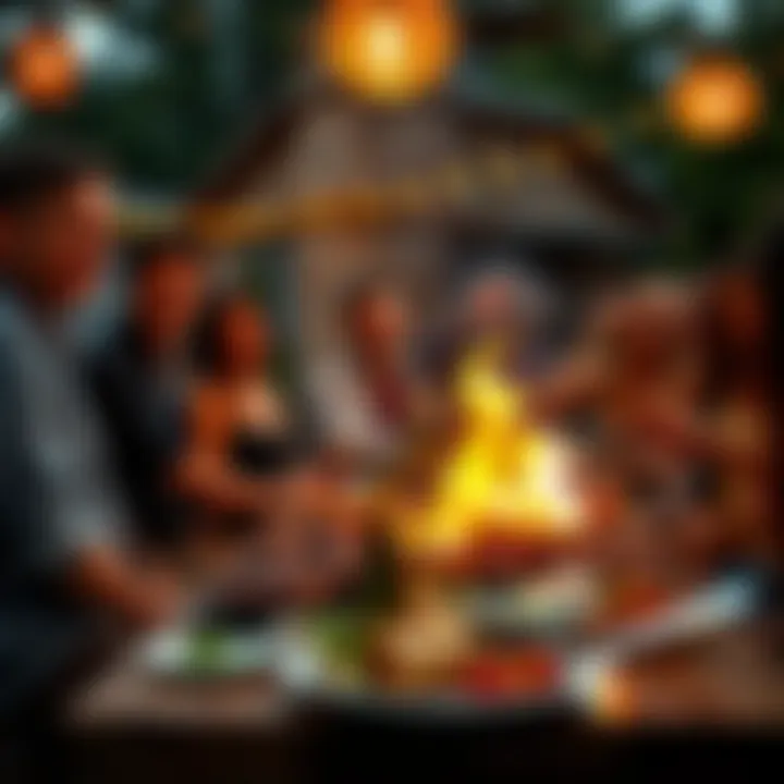 A vibrant outdoor gathering with friends enjoying a barbecue feast.