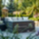 Stylish patio furniture storage bin in a landscaped garden