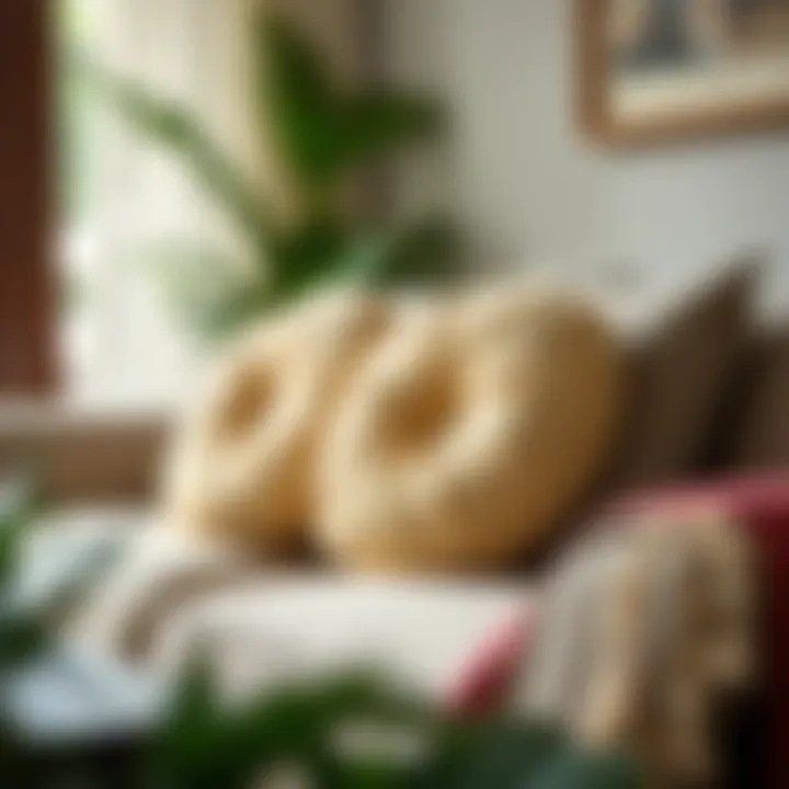 Stylish Sunbrella round cushions arranged on a cozy indoor sofa