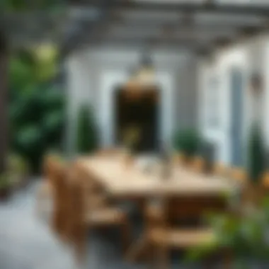 Outdoor dining setup with rustic furniture