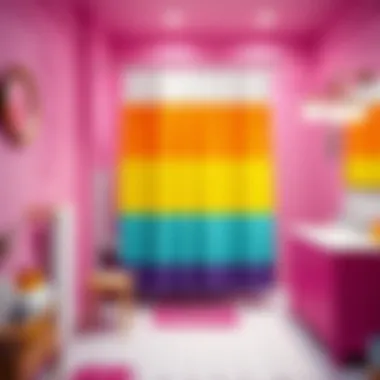 Trendy bathroom featuring a long waffle shower curtain with vibrant colors