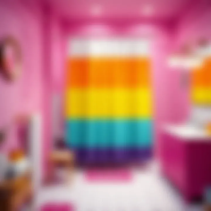 Trendy bathroom featuring a long waffle shower curtain with vibrant colors