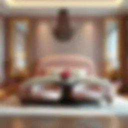 Elegant pink upholstered king bed in modern bedroom setting