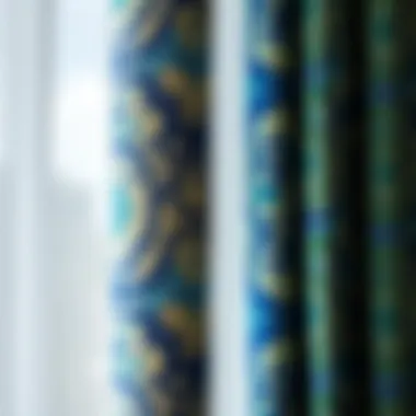 Close-up of intricate blue and green curtain design