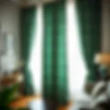 Lush blue and green patterned curtains in a bright room