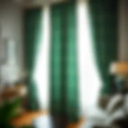 Lush blue and green patterned curtains in a bright room