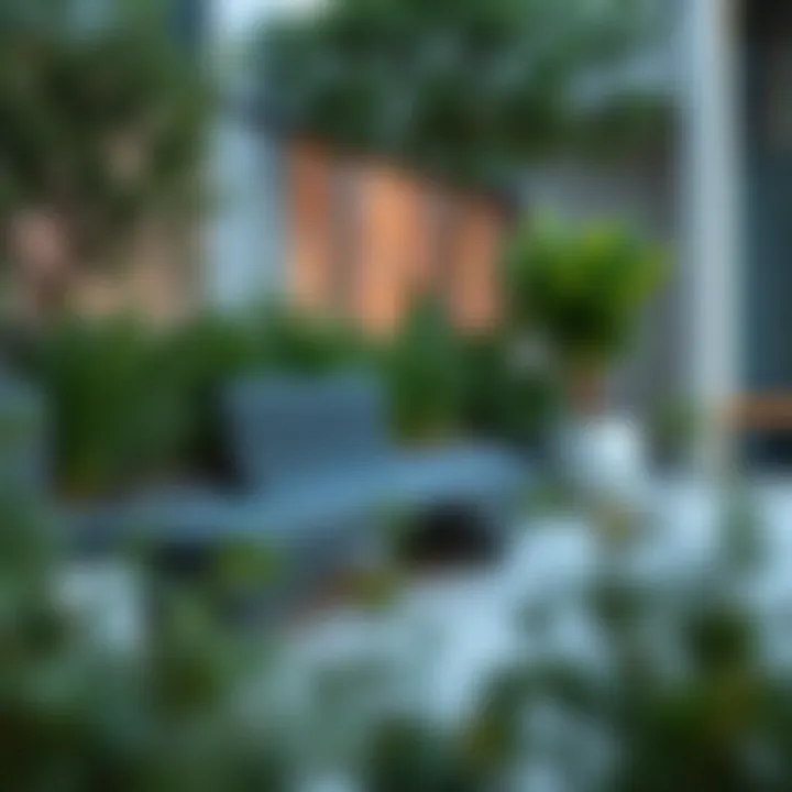Modern metal bench surrounded by greenery