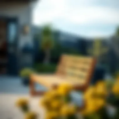 Stylish wooden bench on a patio