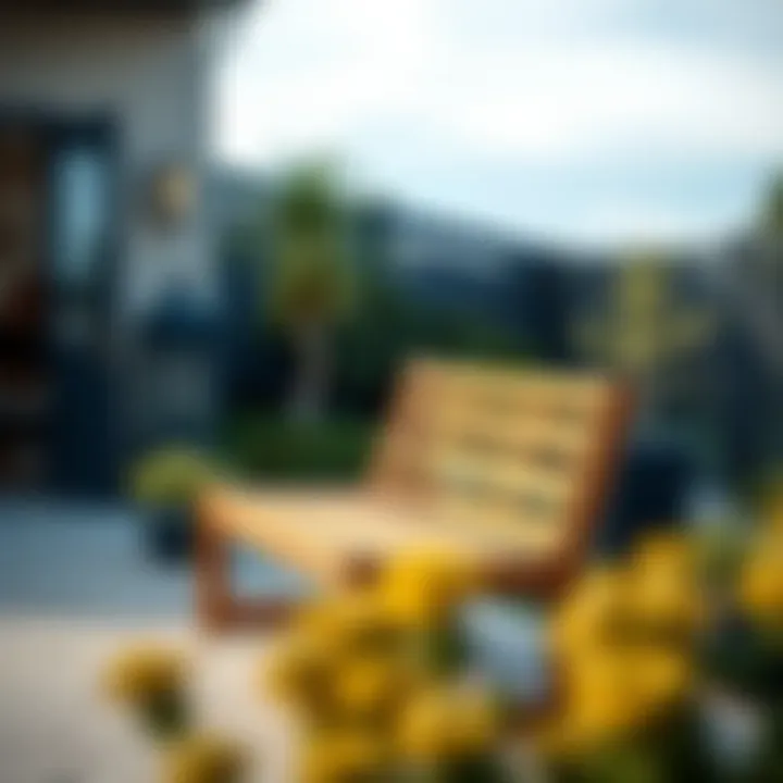 Stylish wooden bench on a patio