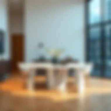 Modern interior featuring a pure white dining table with contemporary decor