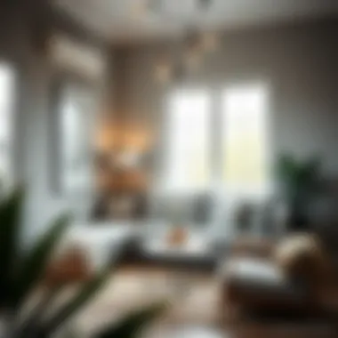 Minimalist grey sofa in a cozy reading nook