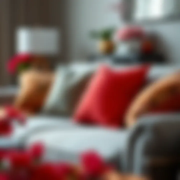 Grey sofa paired with vibrant accent pillows