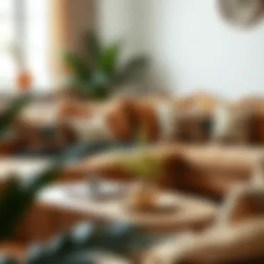 Stylish arrangement of light brown sofa set with decorative cushions