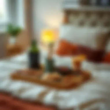 Cozy bed setting featuring a tray with snacks and a beverage