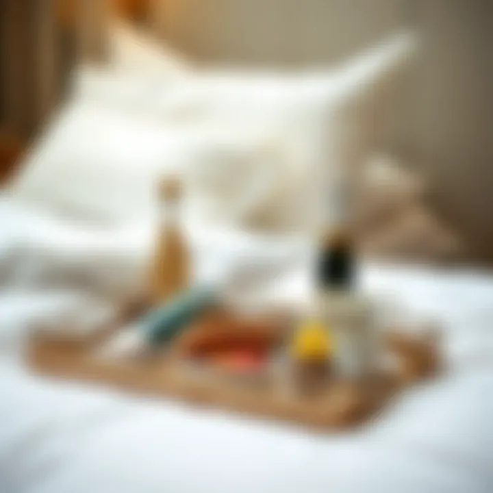 Stylish metal tray set up for a luxurious breakfast in bed