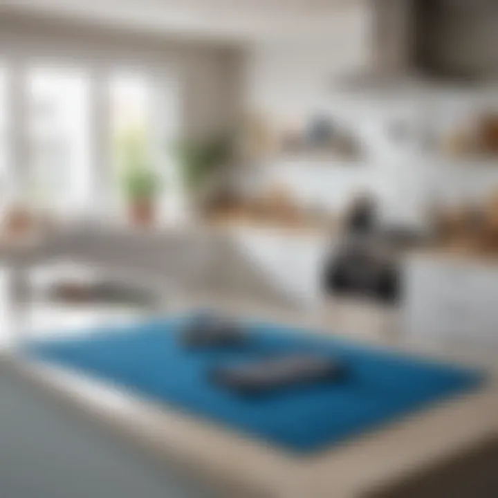 Organized kitchen space showcasing the blue drying mat in use