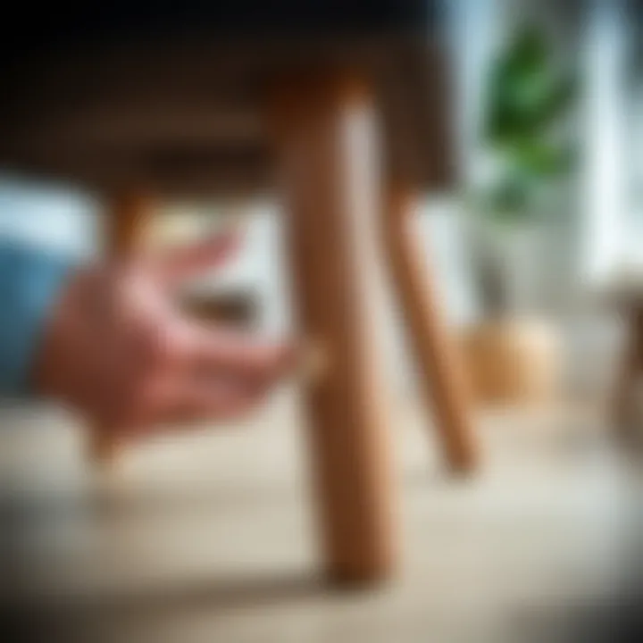 Demonstration of scuff pad installation on a wooden chair leg