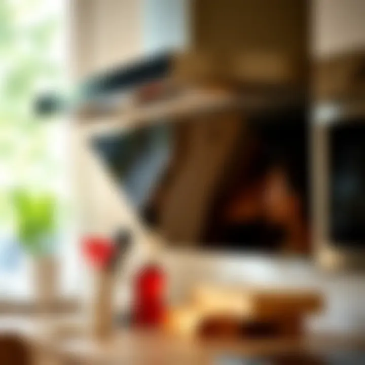 Close-up of maintenance tips for a microwave vent hood including cleaning tools