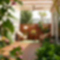 A beautifully designed garden featuring rich wooden flooring