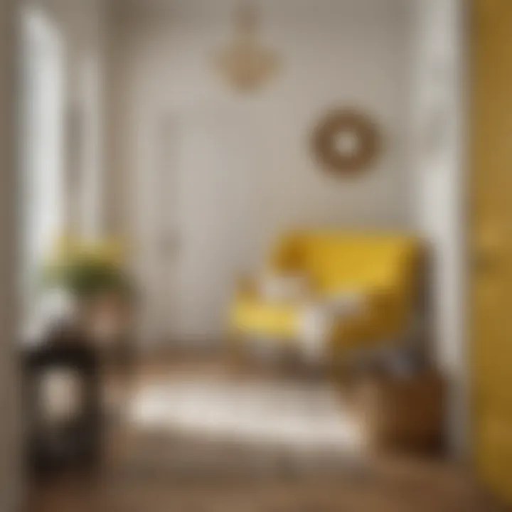 Yellow bench placed in a cozy entryway with decorative elements