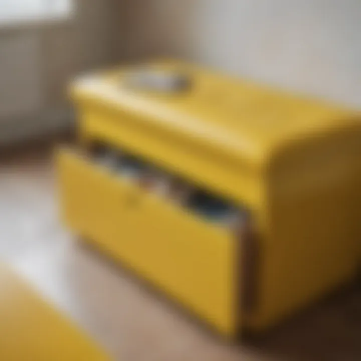 Close-up of the storage compartment of a yellow bench