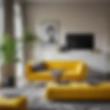 Modern Living Room with Yellow Bench Stylish yellow bench with storage in a modern living room setting